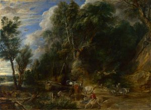 Main Product Photo of Peasants with Cattle by a Stream in a Woody Landscape also known as The Watering Place Painting by Peter Paul Rubens