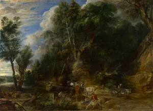 Peasants with Cattle by a Stream in a Woody Landscape also known as The Watering Place by Oil Painting Reproduction