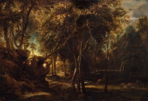 A Forest at Dawn with a Deer Hunt by Oil Painting Reproduction